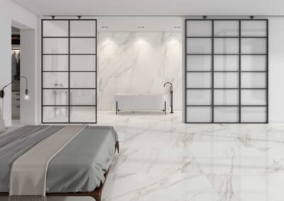 white marble effect tiles used in bedroom and bathroom tile area from design di lusso watford outdoor tile store