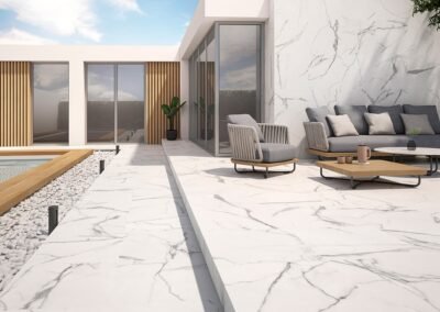 white marble effect tiles used as outdoor tiles seating area and poolside from design di lusso watford outdoor tile shop